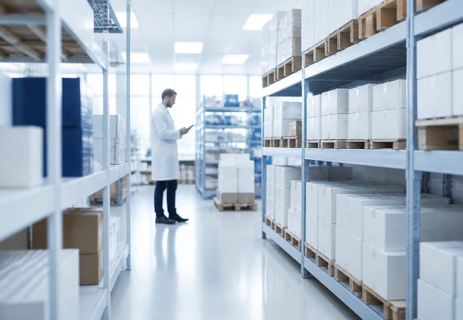 Centro de distribuição farmacêutica organizado, com profissional conferindo estoque