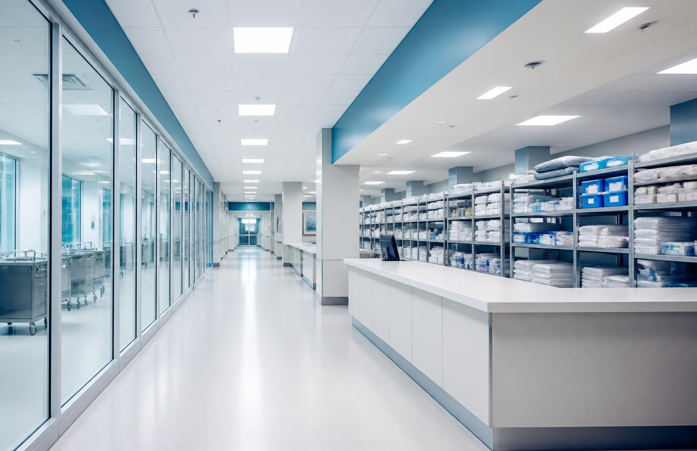 Corredor hospitalar com área de suprimentos organizada
