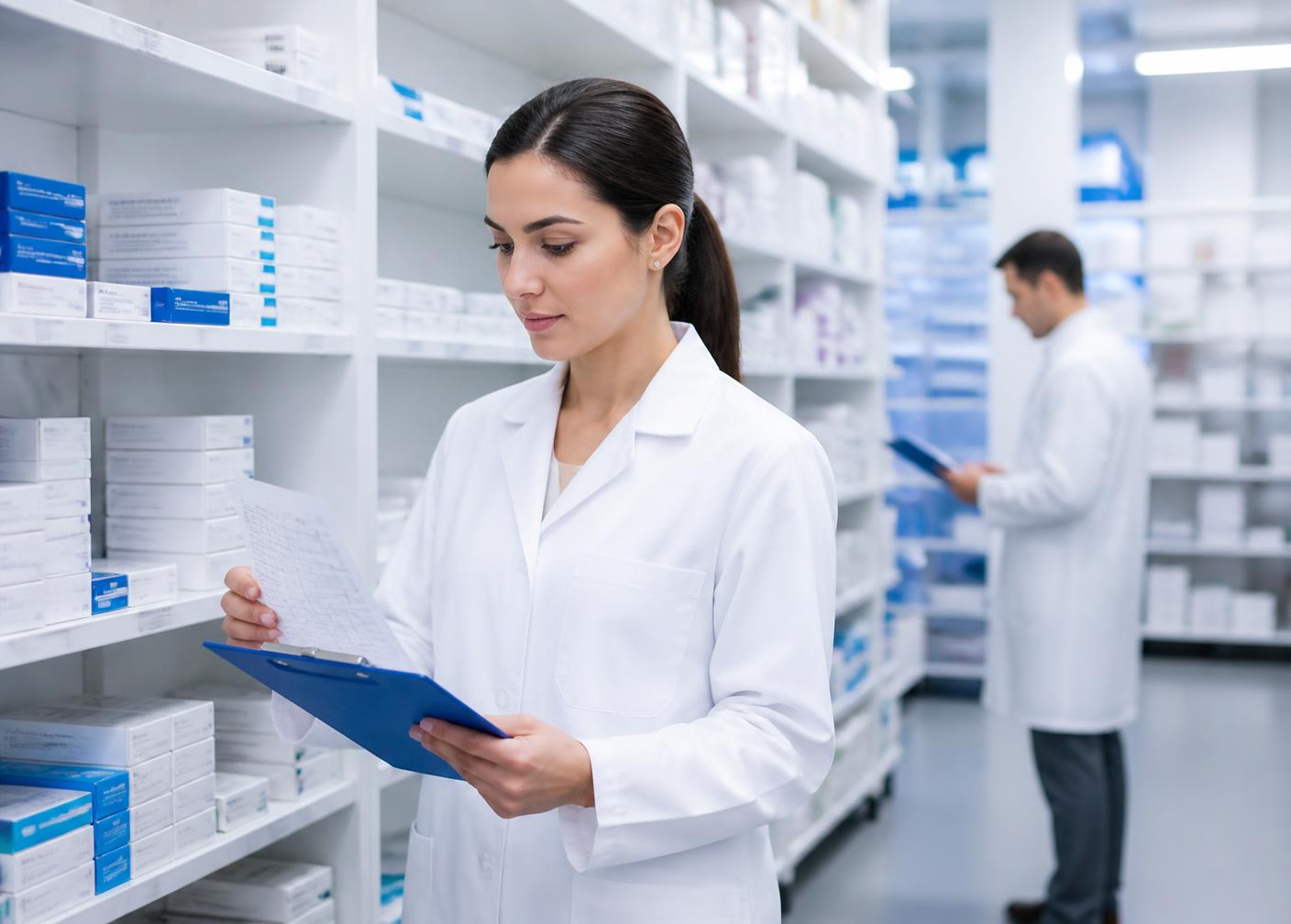 Profissional farmacêutica conferindo documentação de estoque em ambiente de distribuição
